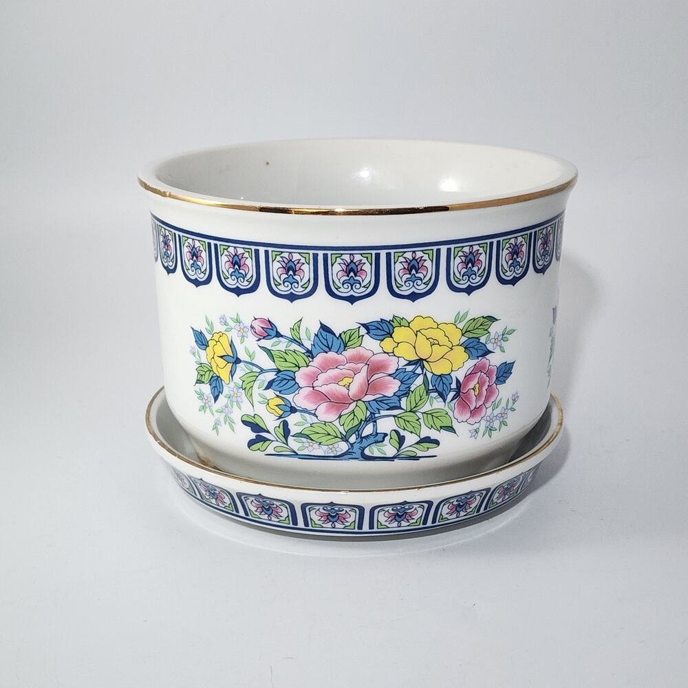 Vintage Porcelain Fred Rogers Japan Gold Edge Floral Planter Planter & Tray